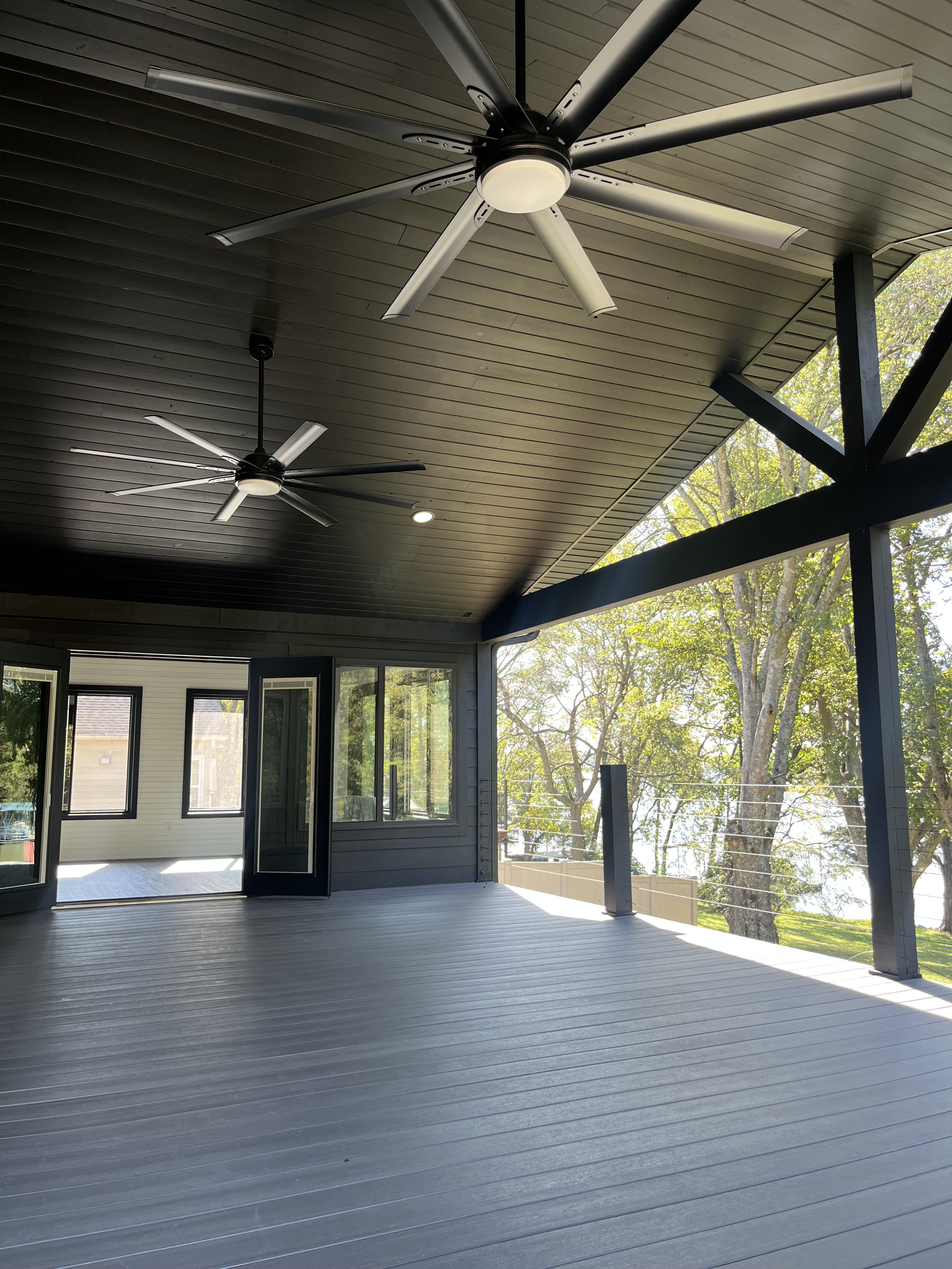 Covered deck with ceiling fans and lake view